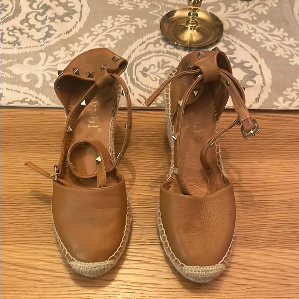 Women’s Tan Espadrille Wedge Sandals with Stud Detail